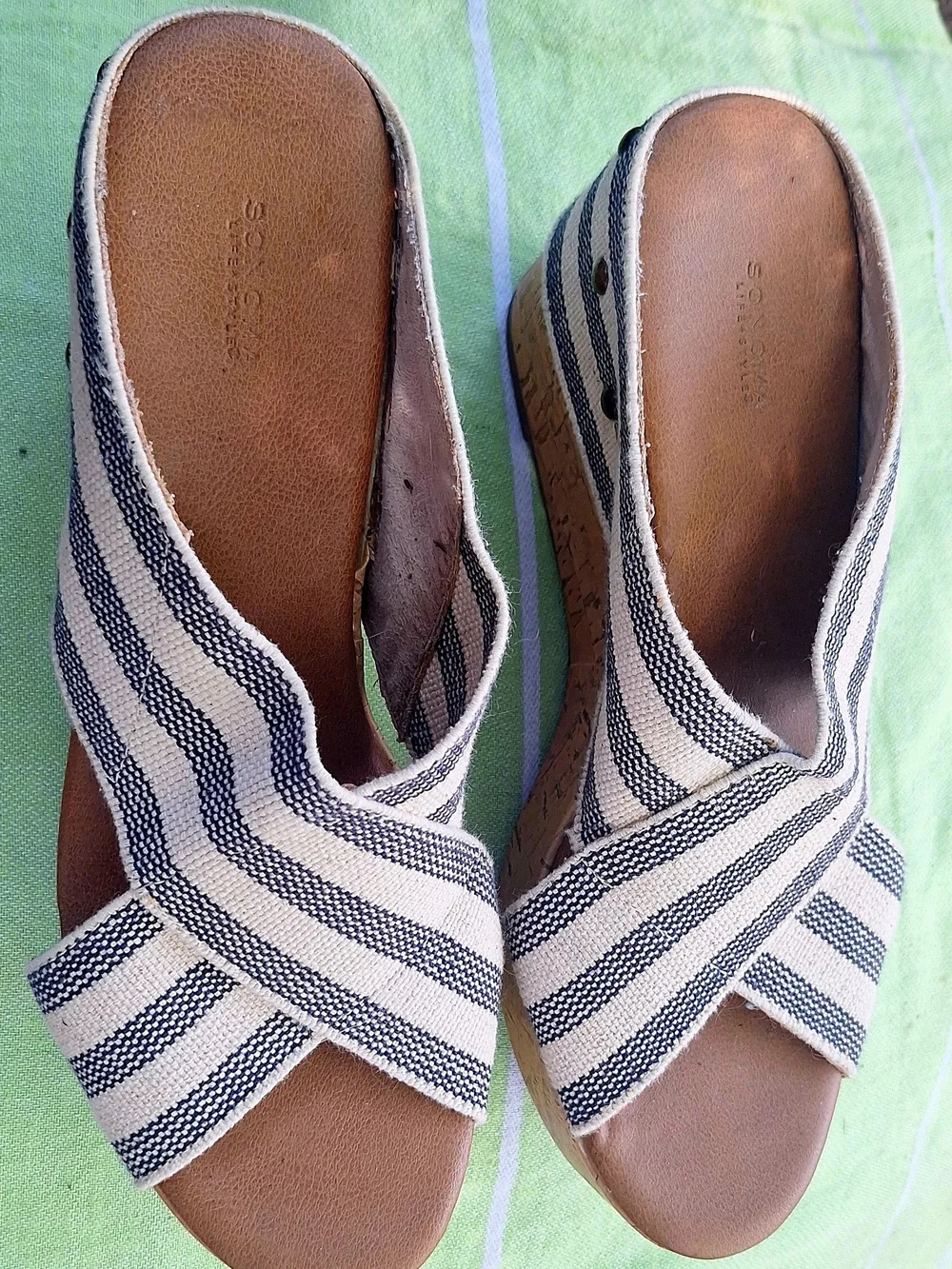 Sonoma Navy & Cream Striped Canvas Cork Wedge Sandals